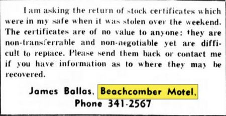 Beachcomber Motel - March 1970 Stock Certificates Stolen